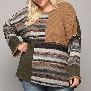 Gigio Rib Knit and Print mixed Dolman Long sleeve top with raw edge